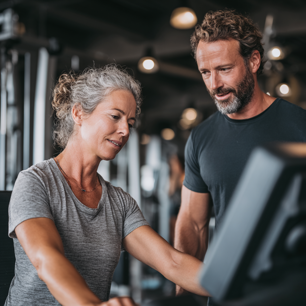 Professional fitness coach working with middle aged adult in modern gym environment
